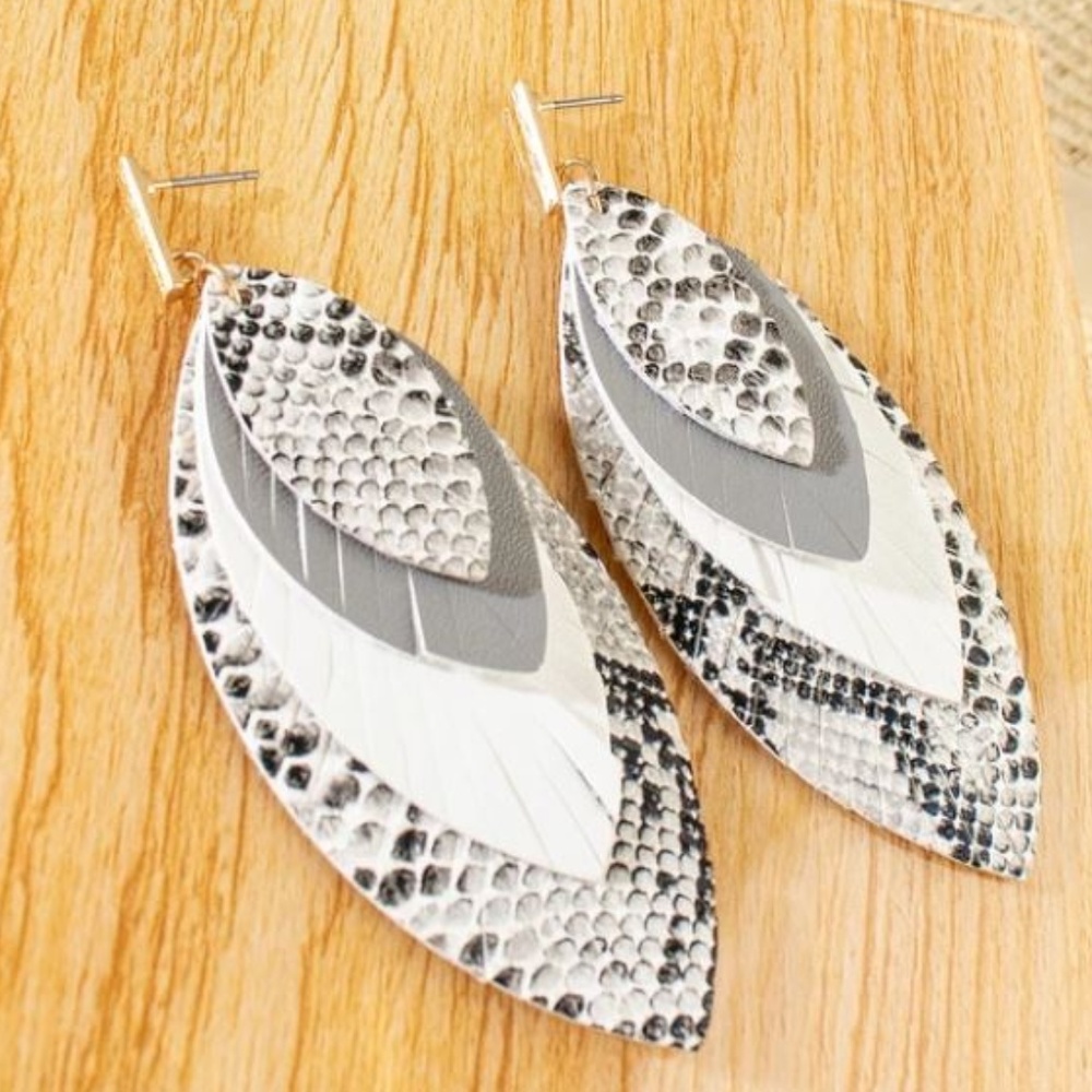 Leather Snake Print Leaf Shape Drop Earrings (G13)